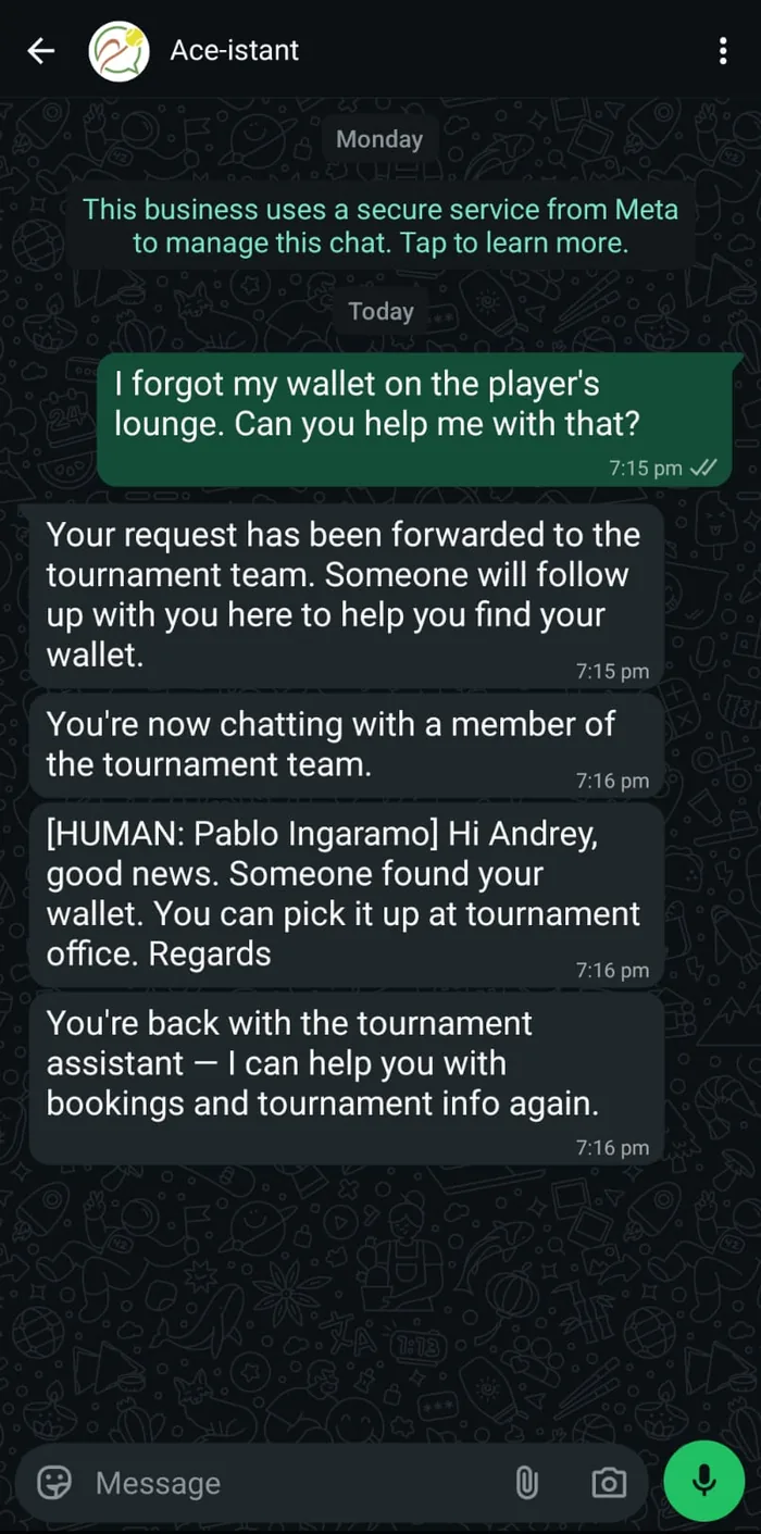 WhatsApp: the request is forwarded to the tournament team, the player is told they are now talking to a person, an operator replies tagged with their name, and the assistant resumes