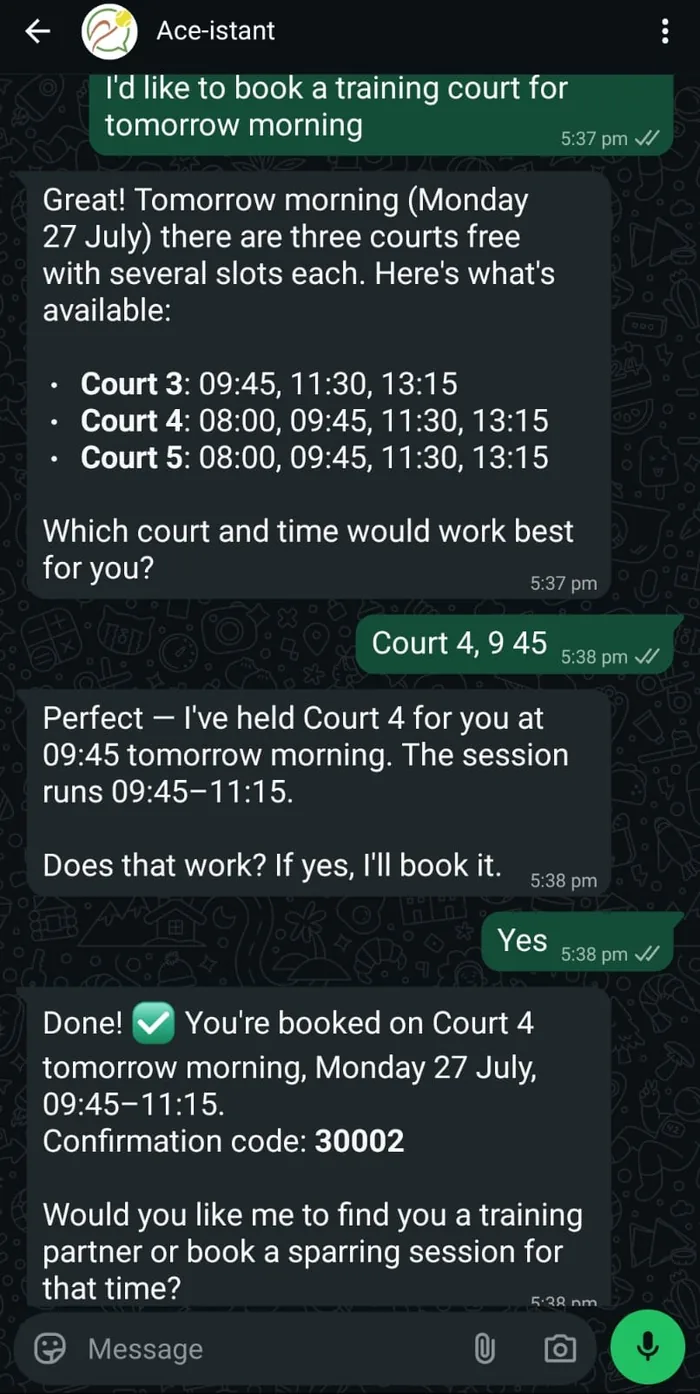 WhatsApp: a player books Court 4 at 09:45 and gets confirmation code 30002