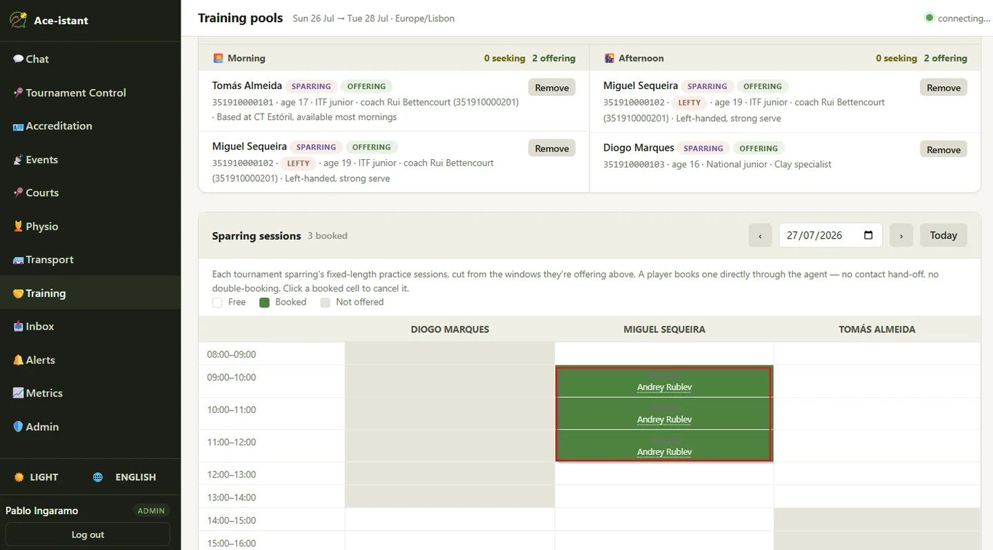 Training pools in the console: the morning and afternoon pools, and a session grid showing three consecutive sessions booked with one sparring partner