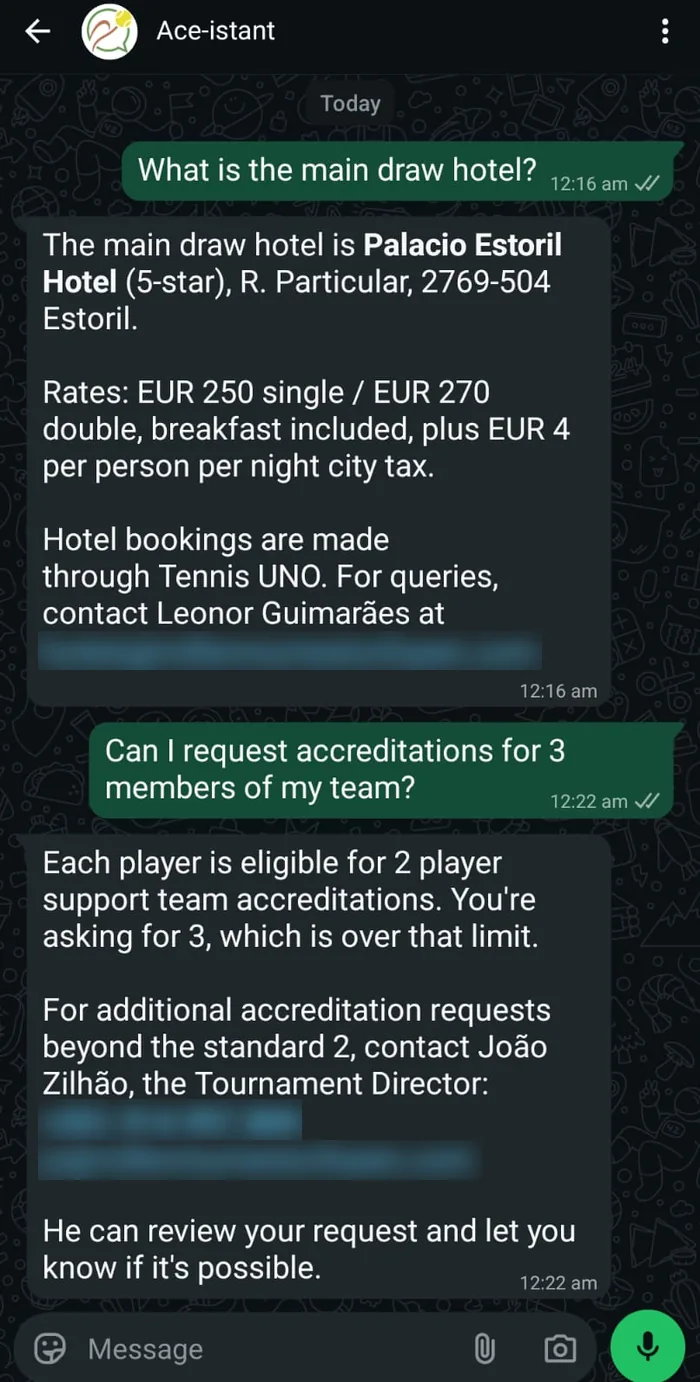 WhatsApp: the assistant gives the main draw hotel's rates and booking contact, then explains the player support team accreditation limit and who to contact for an exception